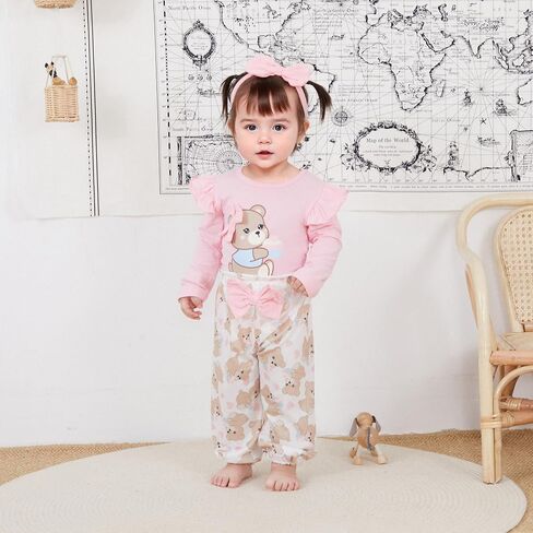 Newborn Infant Baby Girl Outfits Ruffle Bear Long Sleeve Romper Bodysuit Tops Pants Set Cute Fall Winter Clothes in Saudi Arabia