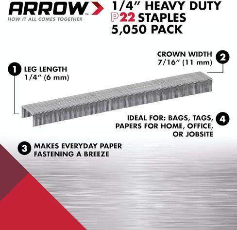دبابيس Arrow 224 شديدة التحمل P22 للاستخدام مع كباسات الورق والحقائب من النوع ذو الزردية في المطاعم والمكاتب والفصول الدراسية، 5050 حزمة، طول الساق 1/4 بوصة، عرض التاج 7/16 بوصة in Kuwait