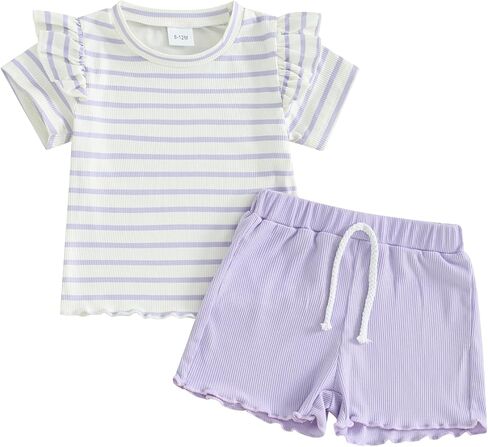 Mandizy Toddler Baby Girl Clothes Summer Ribbed Knit Ruffle Short Sleeve Striped Print T-Shirt Tops Shorts Set Outfit in Kuwait