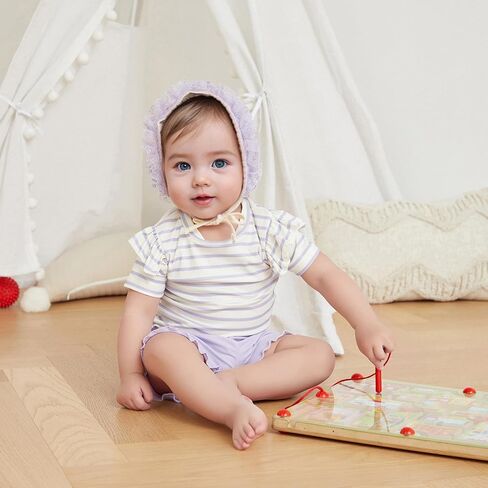 Mandizy Toddler Baby Girl Clothes Summer Ribbed Knit Ruffle Short Sleeve Striped Print T-Shirt Tops Shorts Set Outfit in Kuwait