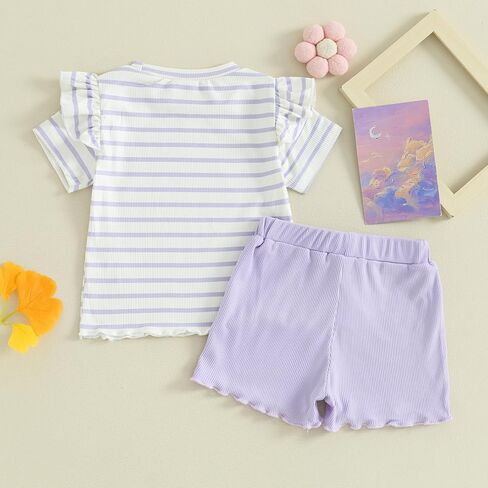 Mandizy Toddler Baby Girl Clothes Summer Ribbed Knit Ruffle Short Sleeve Striped Print T-Shirt Tops Shorts Set Outfit in Kuwait