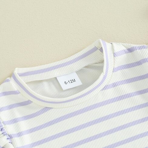 Mandizy Toddler Baby Girl Clothes Summer Ribbed Knit Ruffle Short Sleeve Striped Print T-Shirt Tops Shorts Set Outfit in Kuwait