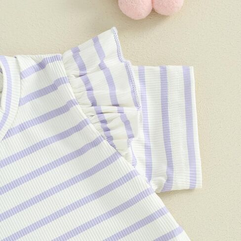Mandizy Toddler Baby Girl Clothes Summer Ribbed Knit Ruffle Short Sleeve Striped Print T-Shirt Tops Shorts Set Outfit in Kuwait