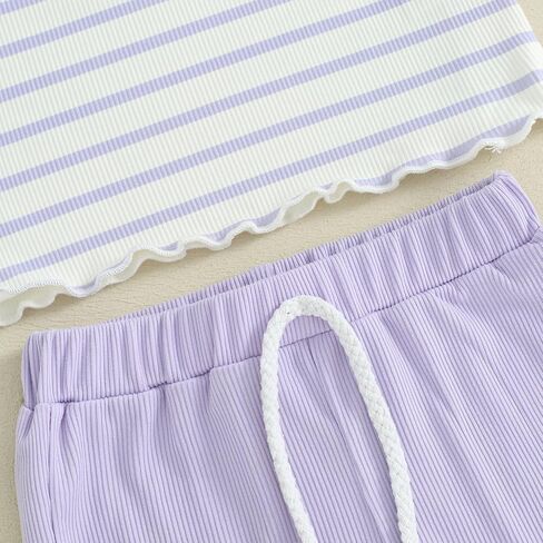 Mandizy Toddler Baby Girl Clothes Summer Ribbed Knit Ruffle Short Sleeve Striped Print T-Shirt Tops Shorts Set Outfit in Kuwait