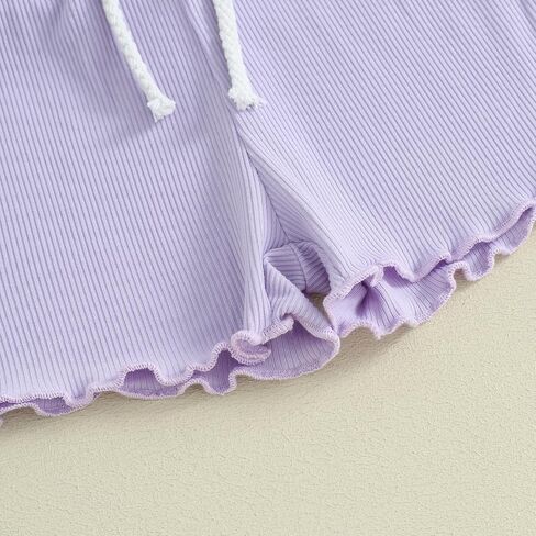 Mandizy Toddler Baby Girl Clothes Summer Ribbed Knit Ruffle Short Sleeve Striped Print T-Shirt Tops Shorts Set Outfit in Kuwait