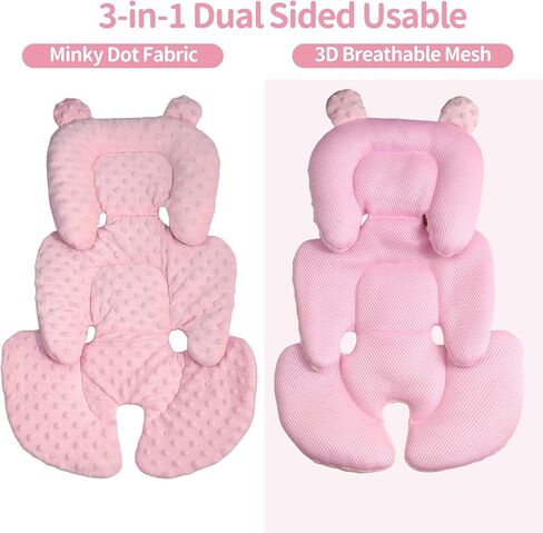 3in1 Reversible Carseat Head Body Support Newborn,3D Minnky Infant Car Seat Insert,Extra Soft Breathable Baby Car Seat Pillow Cushion Boys Girls,fit Stroller,Bouncer,Swing(Pink) in Saudi Arabia