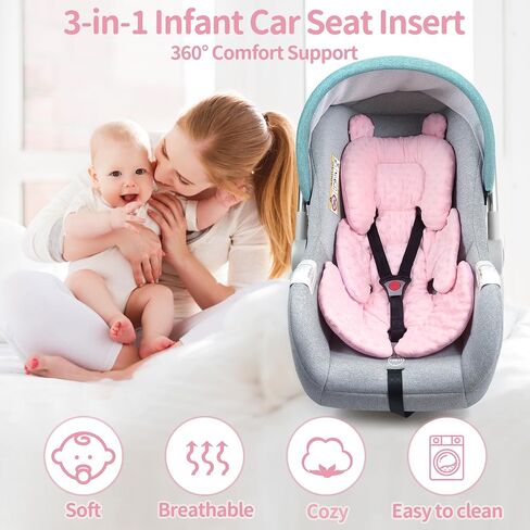 3in1 Reversible Carseat Head Body Support Newborn,3D Minnky Infant Car Seat Insert,Extra Soft Breathable Baby Car Seat Pillow Cushion Boys Girls,fit Stroller,Bouncer,Swing(Pink) in Saudi Arabia