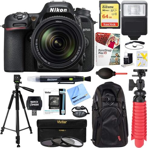 Nikon 1581 D7500 20.9MP DX-Format 4K Ultra HD Digital SLR Camera Body Bundle with 18-140mm f/3.5-5.6G ED AF-S VR DX Nikkor Lens, 64GB Memory Card and Accessories (15 Items) in Saudi Arabia