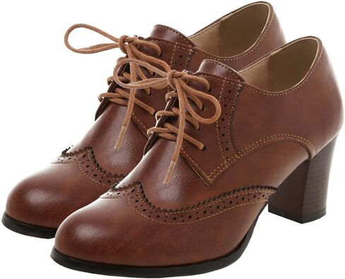 SHEMEE Women's Chunky High Heels Wingtip Oxfords Round Toe Lace Up Stacked Block Heel Vintage Brogues Pumps Shoes in Saudi Arabia