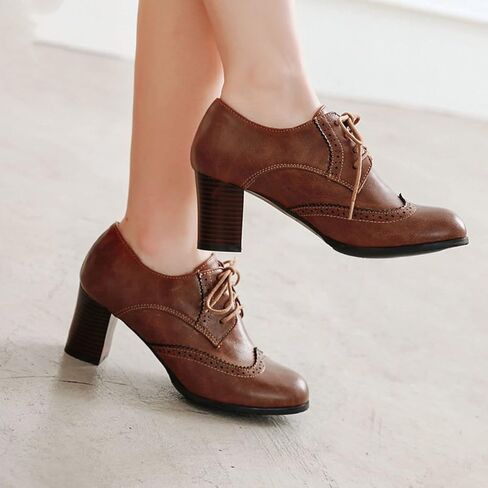 SHEMEE Women's Chunky High Heels Wingtip Oxfords Round Toe Lace Up Stacked Block Heel Vintage Brogues Pumps Shoes in Saudi Arabia
