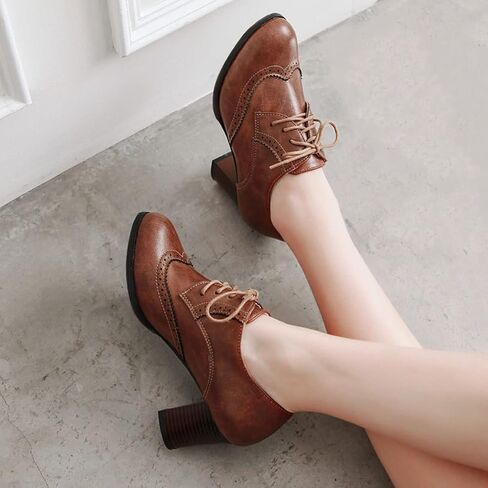 SHEMEE Women's Chunky High Heels Wingtip Oxfords Round Toe Lace Up Stacked Block Heel Vintage Brogues Pumps Shoes in Saudi Arabia