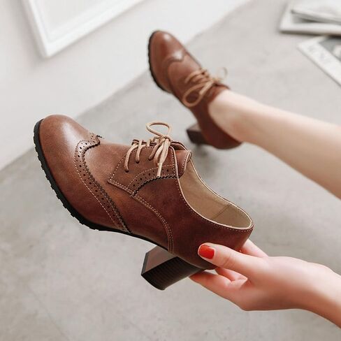 SHEMEE Women's Chunky High Heels Wingtip Oxfords Round Toe Lace Up Stacked Block Heel Vintage Brogues Pumps Shoes in Saudi Arabia