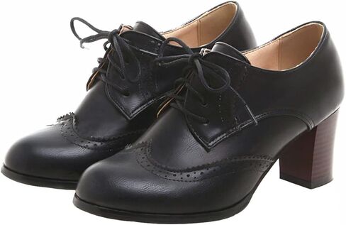 SHEMEE Women's Chunky High Heels Wingtip Oxfords Round Toe Lace Up Stacked Block Heel Vintage Brogues Pumps Shoes in Saudi Arabia