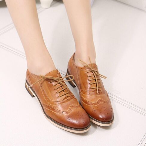 Mona flying Womens Leather Flat Oxfords Shoes for Women Perforated Lace-up Wingtip Vintage Brogues Shoes in Saudi Arabia
