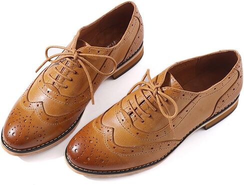 Mona flying Womens Leather Flat Oxfords Shoes for Women Perforated Lace-up Wingtip Vintage Brogues Shoes in Saudi Arabia