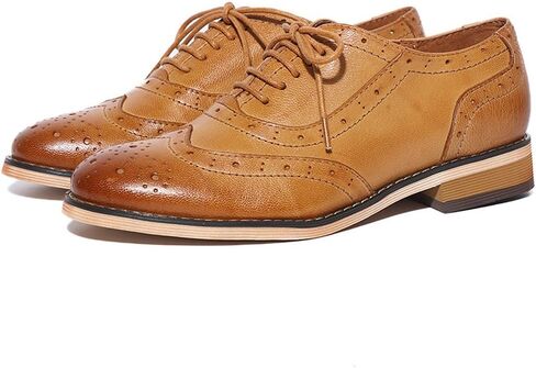 Mona flying Womens Leather Flat Oxfords Shoes for Women Perforated Lace-up Wingtip Vintage Brogues Shoes in Saudi Arabia