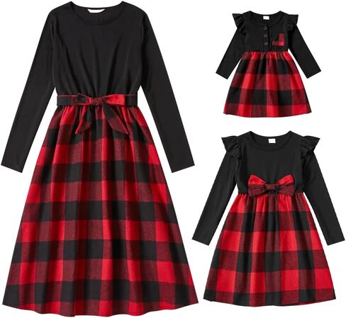 AWIBMK Mommy and Me Christmas Dresses Green Red Plaid Dress Fall Winter Xmas Holiday Mom Daughter Matching outfits in Kuwait