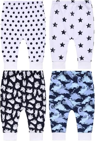 Pack of 4 Baby Jogger Pants - Soft Cotton Pants for Boys and Girls - Unisex Cute Color Designs for Infants in Kuwait