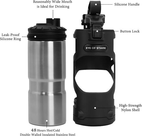 Water Bottle with Fixed Module, Vacuum Insulated Stainless Steel Water Cup, Leak Proof Button Lock, Drinking Bottle for Men, Easy Clean, Black in Saudi Arabia
