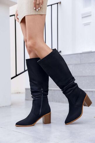 Huiyuzhi إمرأة وأشار اصبع القدم منتصف كعب مكتنزة الجانب سستة الجانب أحذية عالية في الركبة الجوارب الطويلة in Kuwait