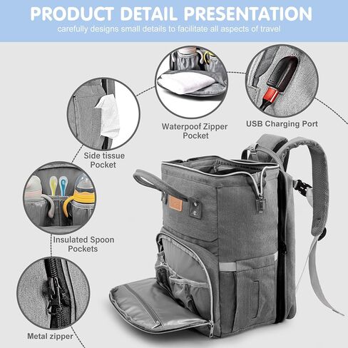 Diaper Bag Backpack, Large Capacity Multifunction Baby Bag for Boy Girl, Travel for Moms Dads, Baby Registry Search Shower Gifts Waterproof and Stylish Gray in Saudi Arabia