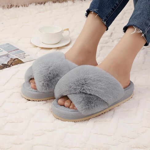 Comwarm Women's Cross Band Fuzzy Slippers Fluffy Open Toe House Slippers Cozy Plush Bedroom Shoes Indoor Outdoor in Saudi Arabia