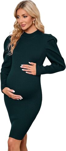 KOJOOIN Maternity Ribbed Knit Sweater Puff Long Sleeve Bodycon Dress Mock Neck Fall Casual Midi Dress Baby Shower Photoshoot in Saudi Arabia