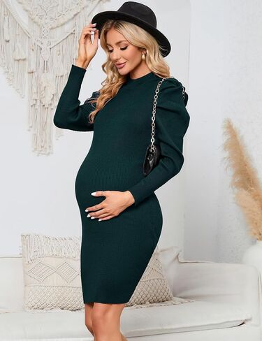 KOJOOIN Maternity Ribbed Knit Sweater Puff Long Sleeve Bodycon Dress Mock Neck Fall Casual Midi Dress Baby Shower Photoshoot in Saudi Arabia