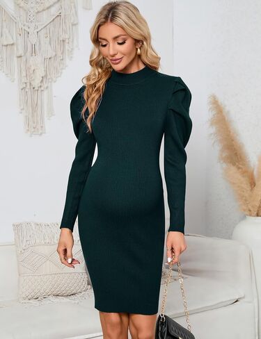 KOJOOIN Maternity Ribbed Knit Sweater Puff Long Sleeve Bodycon Dress Mock Neck Fall Casual Midi Dress Baby Shower Photoshoot in Saudi Arabia