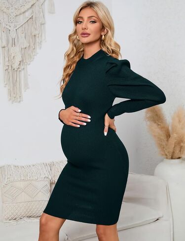 KOJOOIN Maternity Ribbed Knit Sweater Puff Long Sleeve Bodycon Dress Mock Neck Fall Casual Midi Dress Baby Shower Photoshoot in Saudi Arabia