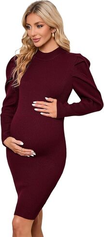 KOJOOIN Maternity Ribbed Knit Sweater Puff Long Sleeve Bodycon Dress Mock Neck Fall Casual Midi Dress Baby Shower Photoshoot in Saudi Arabia
