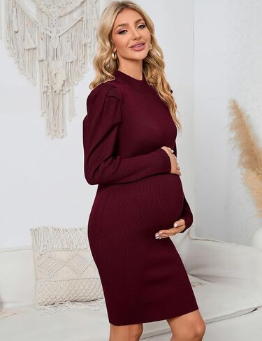 KOJOOIN Maternity Ribbed Knit Sweater Puff Long Sleeve Bodycon Dress Mock Neck Fall Casual Midi Dress Baby Shower Photoshoot in Saudi Arabia