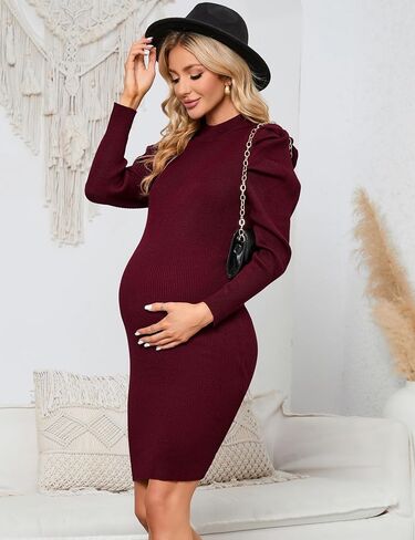 KOJOOIN Maternity Ribbed Knit Sweater Puff Long Sleeve Bodycon Dress Mock Neck Fall Casual Midi Dress Baby Shower Photoshoot in Saudi Arabia