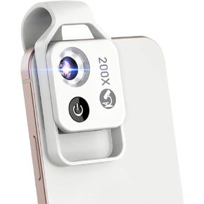 200X Phone Mini Pocket Microscope with LED Light/Universal Clip, Nano Zoom Portable Digital Microscope Camera Attachments for 99% Smartphone, Microworld for Kids Adults(Black 200X with CPL)
