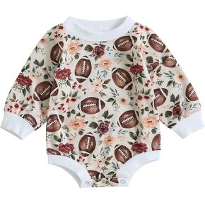 Karuedoo Baby Boy Girl Football Sweatshirt Bubble Romper Oversized Sweater Romper Long Sleeve Bodysuit Outfit Fall Clothes