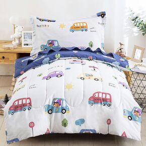 DJY 4 Pieces Cotton Toddler Bedding Set, Dinosaur Cars Reversible Toddler Bed Comforter Set for Kids Boys Girls, Includes Quilted Comforter, Flat Sheet, Fitted Sheet and Pillowcase