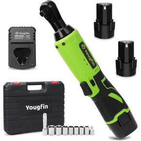 YOUGFIN Cordless Electric Ratchet Wrench 3/8", Power Socket Wrench 40 Ft-lbs, Brushless Torque Ratchet with 2 Batteries (2.0Ah) & Charger, Compact Electric Right Angle Ratchet for Car Narrow Space 12v