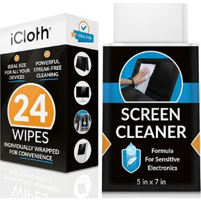 Screen Cleaner Wipes by iCloth – Individually Wrapped – Travel Size – Streak-Free – Clean Your Phone, iPad, Laptop, Computer Screen and More – 24 Wipes (5" x 7")