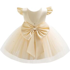 OBEEII Infant Baby Flower Girl Dress Satin Pearls Tulle Tutu Dress Bowknot V Back Pageant Party Formal Baptism Dress