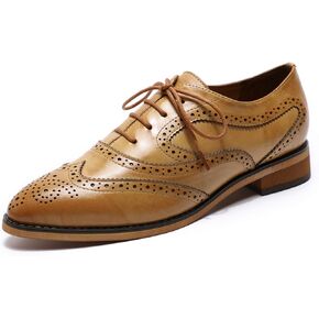 Mona flying Women's Perforated Oxfords Wingtip Brogue Lace up Leather Flat Office Work Shoes for Ladies
