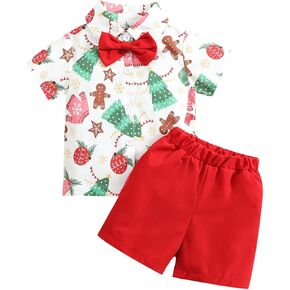 Gueuusu Toddler Baby Boys My 1st Christmas Clothes Cartoon Print Short Sleeve Bowtie Shirt Shorts Gentleman Outfits Suits