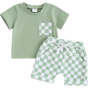 Karuedoo Baby Boy Girl Summer Outfits Checkered Plaid Short Sleeve T-Shirt Top Shorts Set Trendy Toddler Checkerboard Outfit