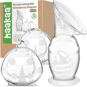 haakaa Manual Breast Pump Collector with Suction Base 5oz/150ml and Ladybug Milk Collector 2.5oz/75ml Combo for Breastfeeding, Made of Food Grade Silicone