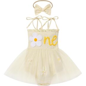 AWIBMK Baby Girls 1st Birthday Outfit Spaghetti Straps Romper Dress with Headband Sleeveless Princess Cake Smash Clothes