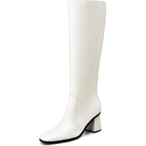 Knee High Boots for Women Chunky Heel Square Toe Tall Boots Wide Calf Fashion Long Boot with Side Zipper