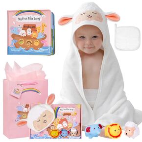 My First Noahs Ark 7 pcs Baptism Gift Set, Dedication, Christening and Baptism Gifts for Boys and Newborn Baby, Includes Washcloth and Hooded Towel, Baby Bath Book, 3 Bath Toys and Gift Bag