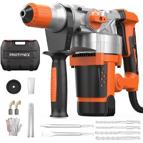 1-1/4 Inch SDS-Plus 13 Amp Heavy Duty Rotary Hammer Drill with Safety Clutch 2 Functions, Vibration Control, for Floor Tile Removal, Concrete Breaker, Including Grease, Chisels & Drill Bits
