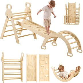 LVHERO 7 in 1 Pikler Triangle Set, Foldable Toddler Climbing Toys with Sliding Ramp & Climbing Arch Ramp, Wooden Montessori Climbing Set with Tent, Indoor Playground Jungle Gym for Kids Age 2-6 Years in Kuwait