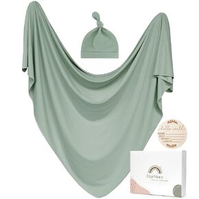 Baby Swaddle Receiving Blankets with Matching Beanie Set Newborn Nursery Swaddle Wrap for Baby Girls and Boys (Green)