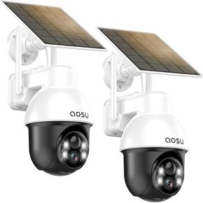 AOSU Solar Security Camera Wireless Outdoor with Panoramic PTZ, Human Auto Tracking, 2K Night Vision, Light and Sound Alarm, 2-Way Audio, Compatible with Alexa/Google Assistant